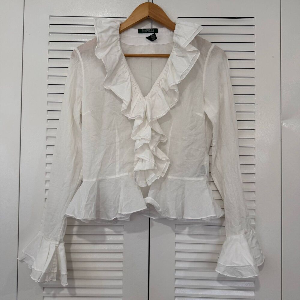 Lauren Ralph Lauren Size 4 White Ruffle Blouse Victorian Bell Sleeve Peplum Top